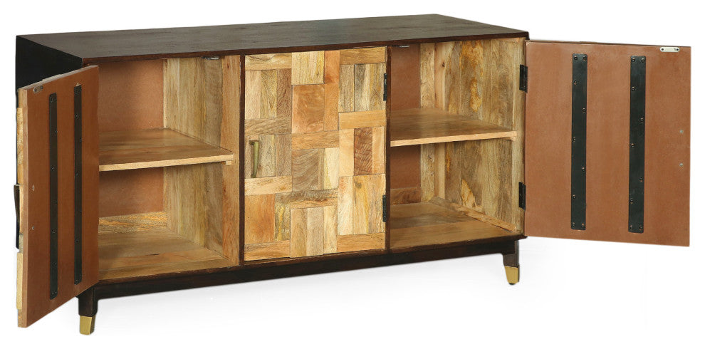 Graniss Boho Handmade Mango Wood 3 Door Sideboard, Walnut and Natural