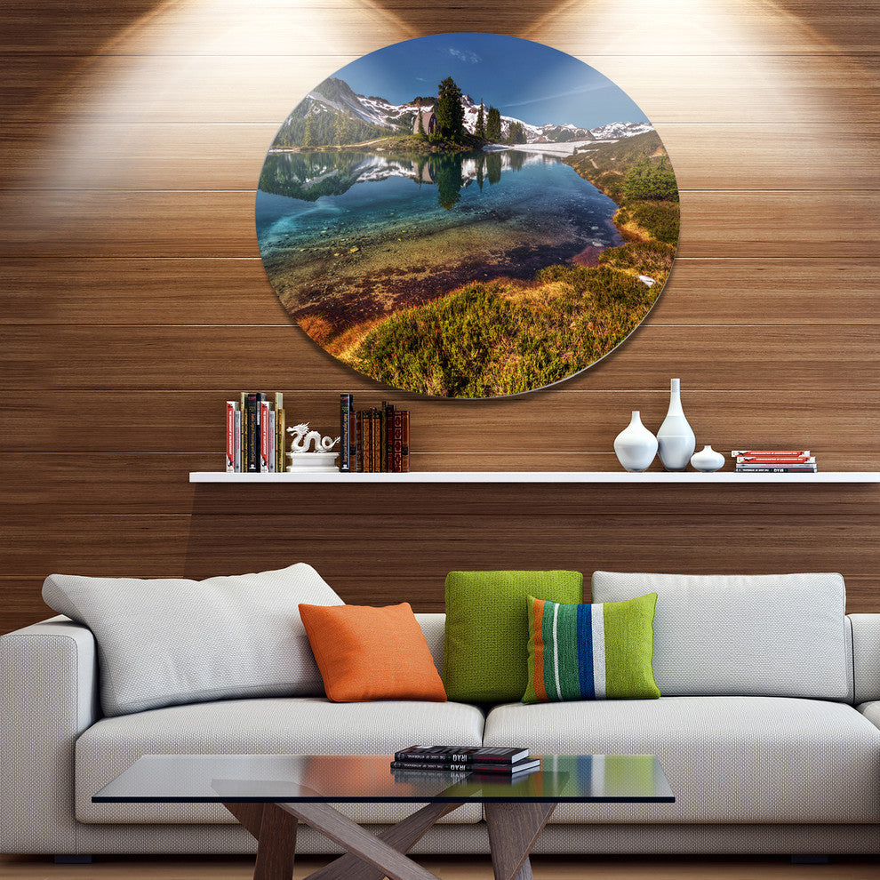 Curving Mountain Lake Shore, Landscape Art Disc Metal Wall Art, 23"