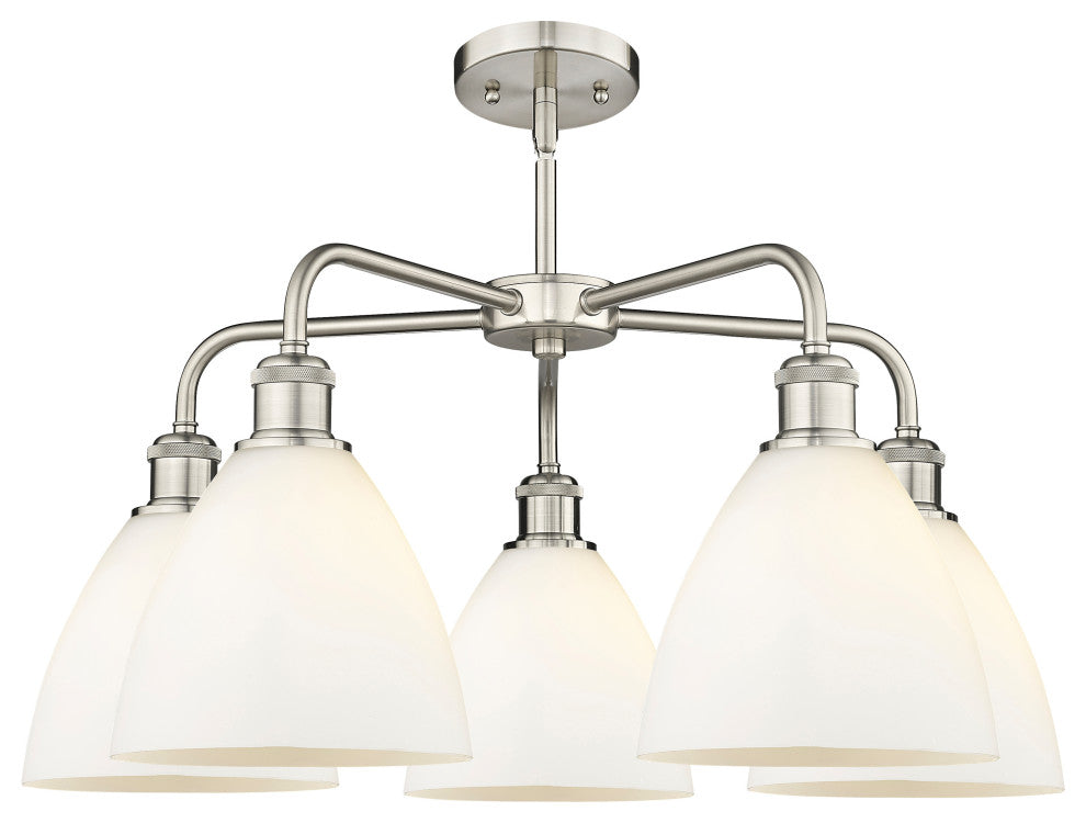 Bristol Glass 5-Light 26" Stem Chandelier, Satin Nickel With Matte White Shade