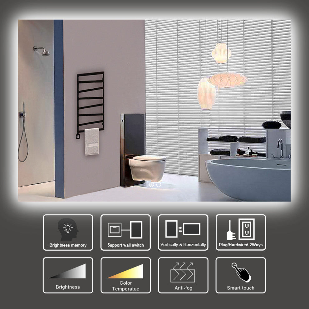 Backlit 3-Color LED Mirror for Bathroom, Anti-Fog Dimmable, 48x30