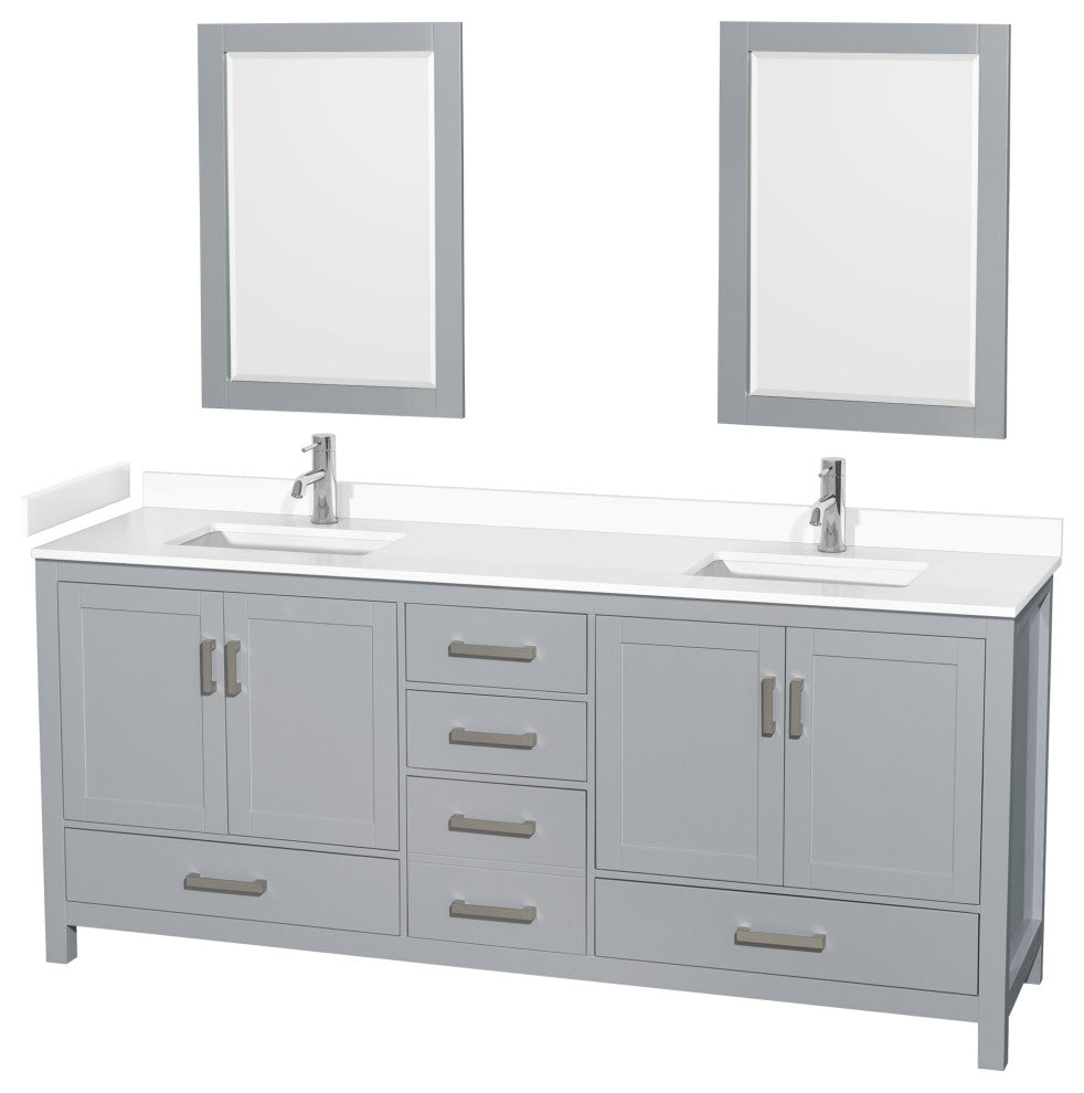 80"DBL Bathroom Vanity Gray, White Cult. Marble Countertop, Sinks, 24" Mirrors