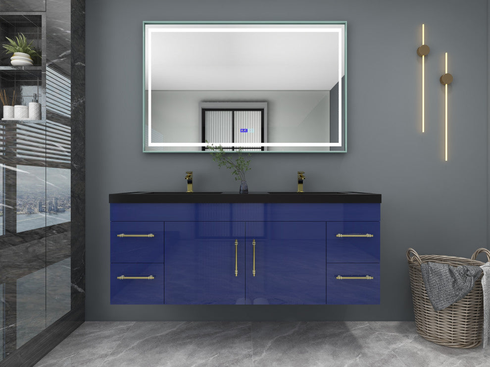 Rosa 60" Wall Mounted Modern Vanity, High Gloss Night Blue, Matt Black Top