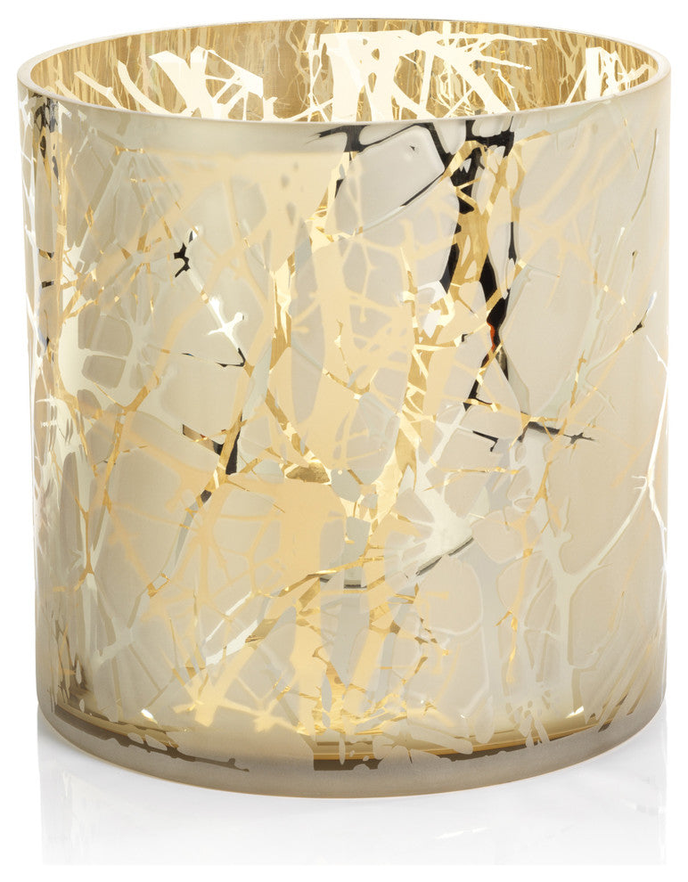 11.5" Tall Glass LED Hurricane, Gold Plated Branch Design, Light Gray
