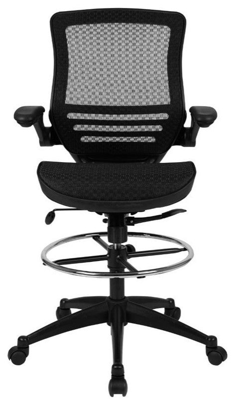 Mid-Back Transparent Black Mesh Drafting Chair with Black Frame and Flip-Up Arms