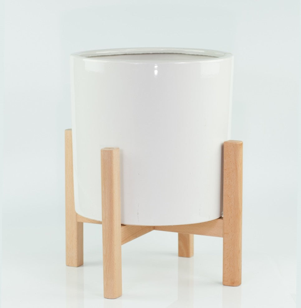 Extra Large Ceramic Cylinder Pot 13'' White With Plant Stand Set Natural Color