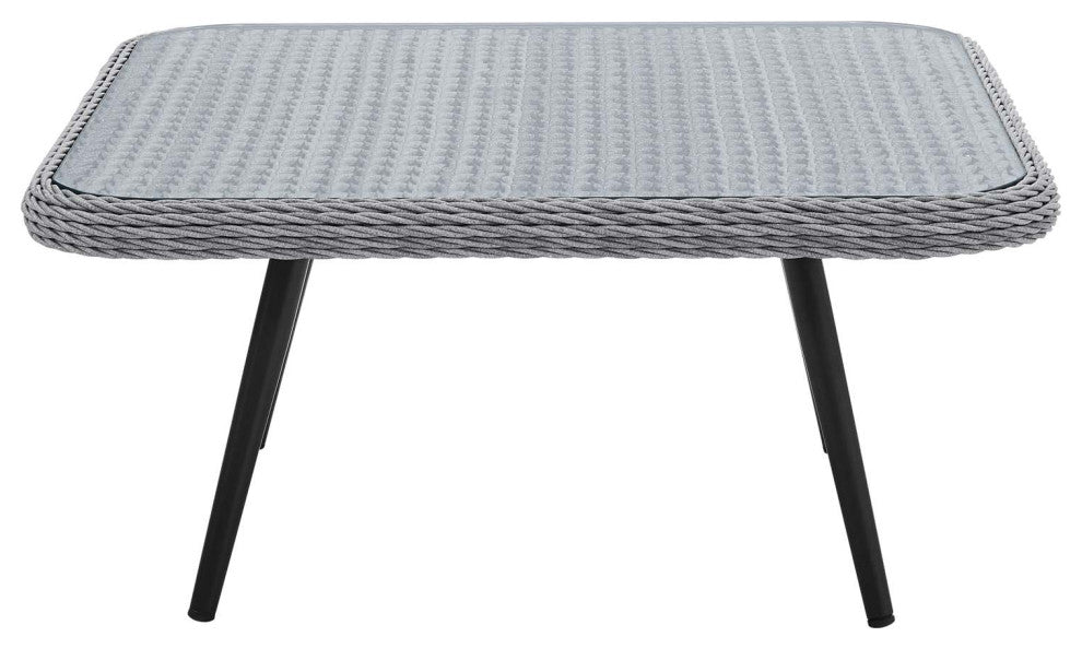 Lounge Coffee Table, Square, Gray, Rattan, Wicker, Glass, Modern, Outdoor
