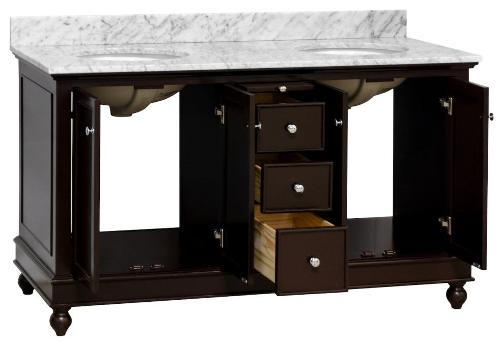 Bella 60" Bathroom Vanity, Chocolate, Carrara Marble, Double Vanity
