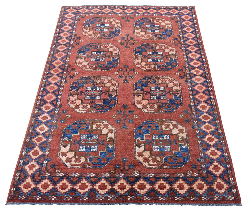 Coral Red, Afghan Ersari, Soft Wool, Hand Knotted, Oriental Rug, 4'0" x 6'8"