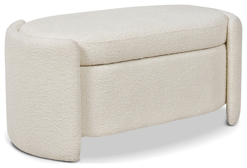 Fuji 43" Upholstered Oval Storage Bench, Ivory White Boucle