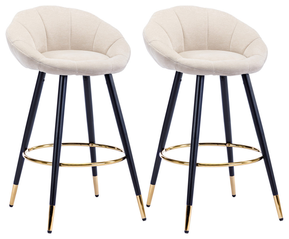 Set of 2 Blooming Flower Chenille Bar Stools, Khaki