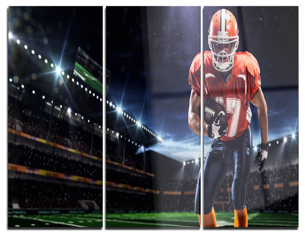 "American Footballer in Action on Stadium" Metal Wall Art, 3 Panels, 36"x28"