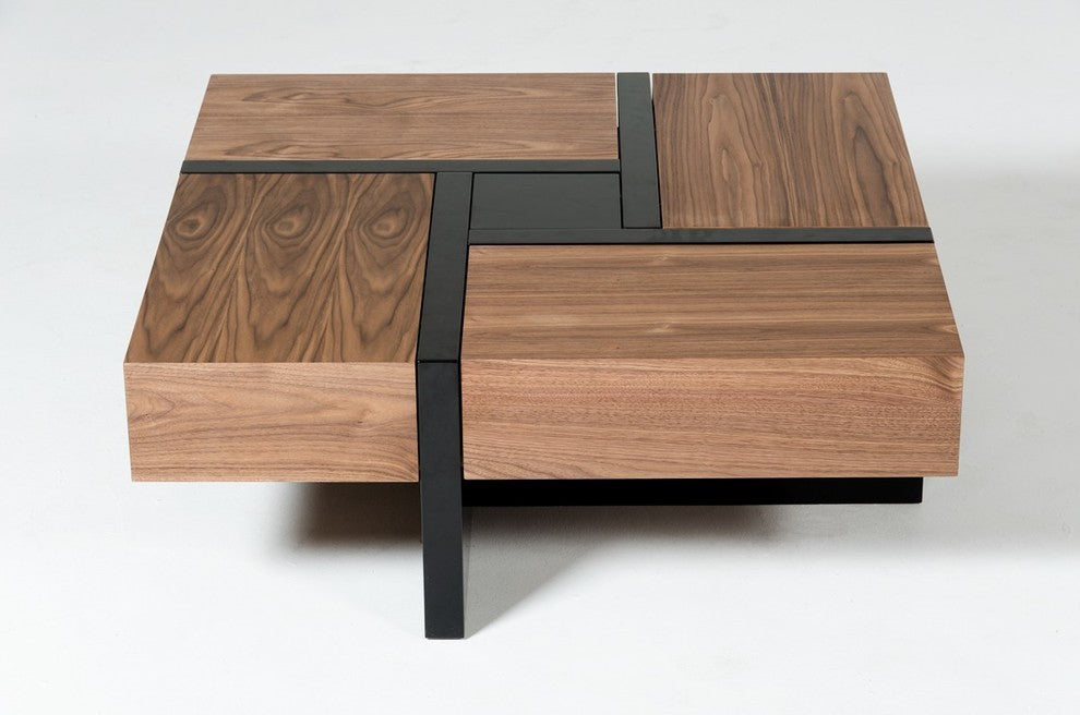 Modrest Makai Modern Walnut and Black Square Coffee Table