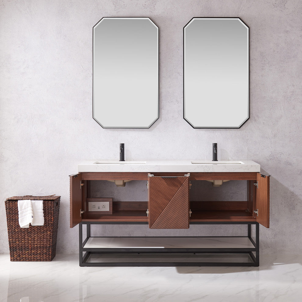 Mahon Bath Vanity, Stone Top, Matte Black Base, 60", Double Vanity, No Mirror