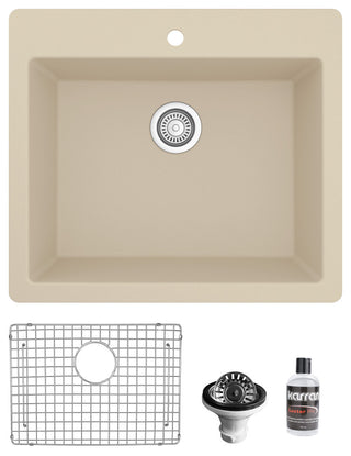 Karran QT-820 Top Mount 25" Single Bowl Quartz Kitchen Sink Kit, Bisque