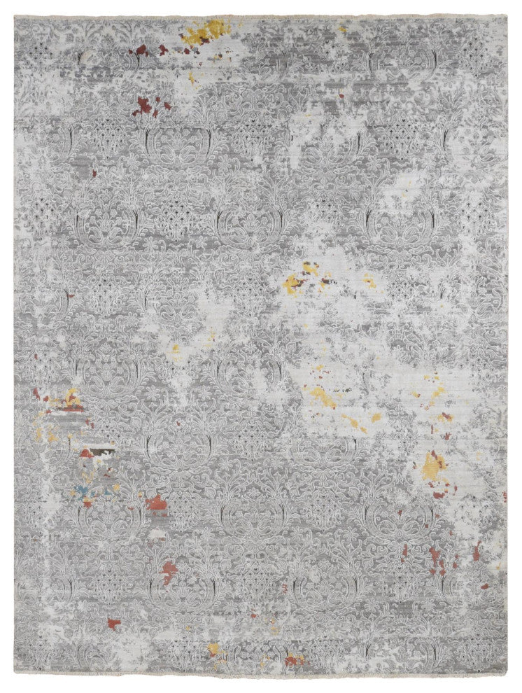 Gray, Hand Knotted, Modern Broken Design Wool and Silk Rug, 8'9"x11'10"