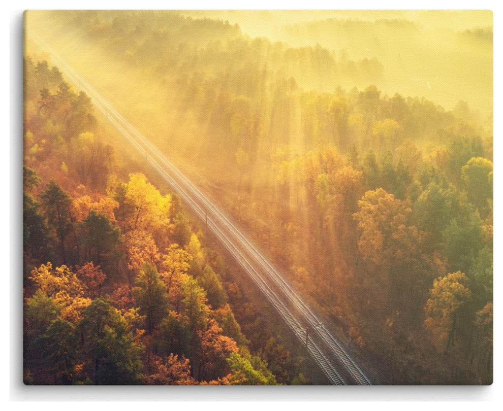 Sunrise Railroad Misty Forest Golden Haze Landscape Photo Canvas Art Print, 16" X 20"
