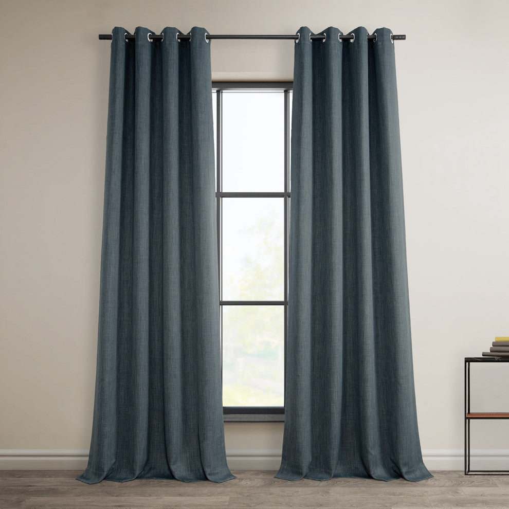 Faux Linen Grommet Room Darkening Curtain Single Panel, Reverie Blue, 50w X 96l