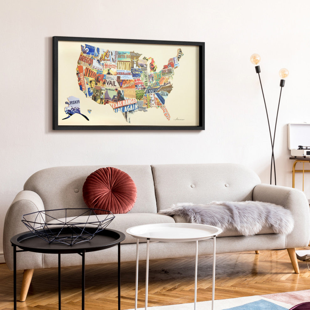 America Map Handmade Dimensional Collage Framed Graphic Wall Art Under Glass Art