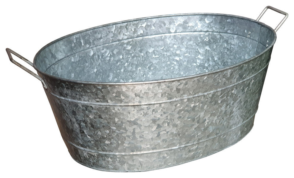 Embossed Design Oval Shape Galvanized Steel Tub with Side Handles, Small, Silver