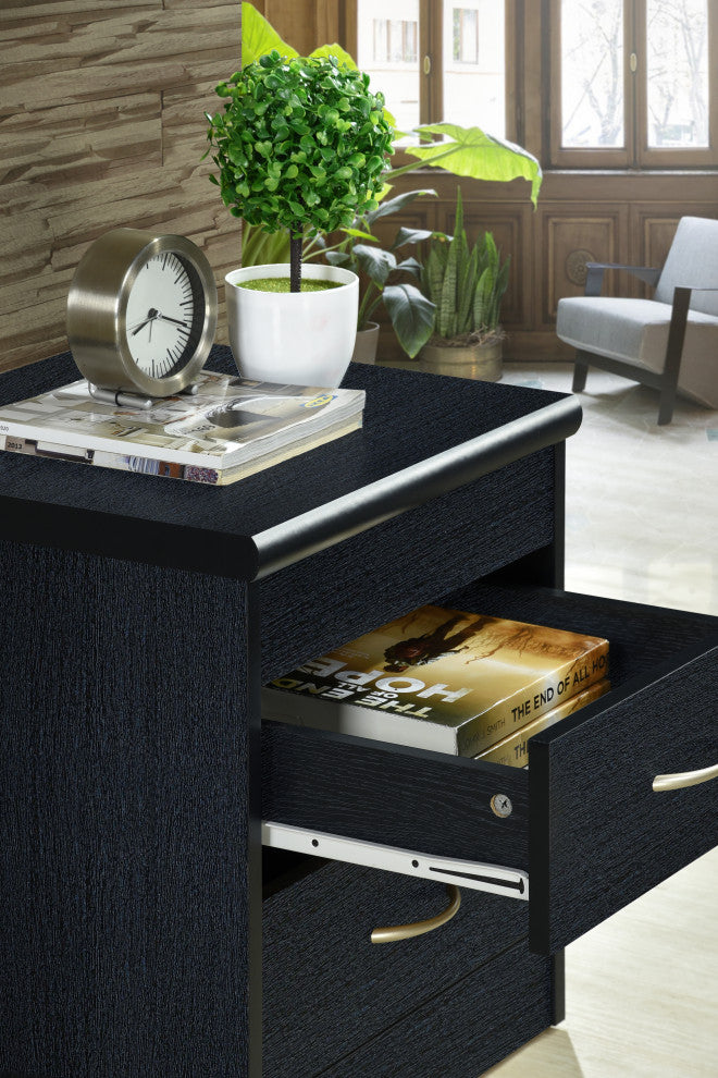 Hodedah Two Drawer Contemporary Wooden Nightstand in Black Finish