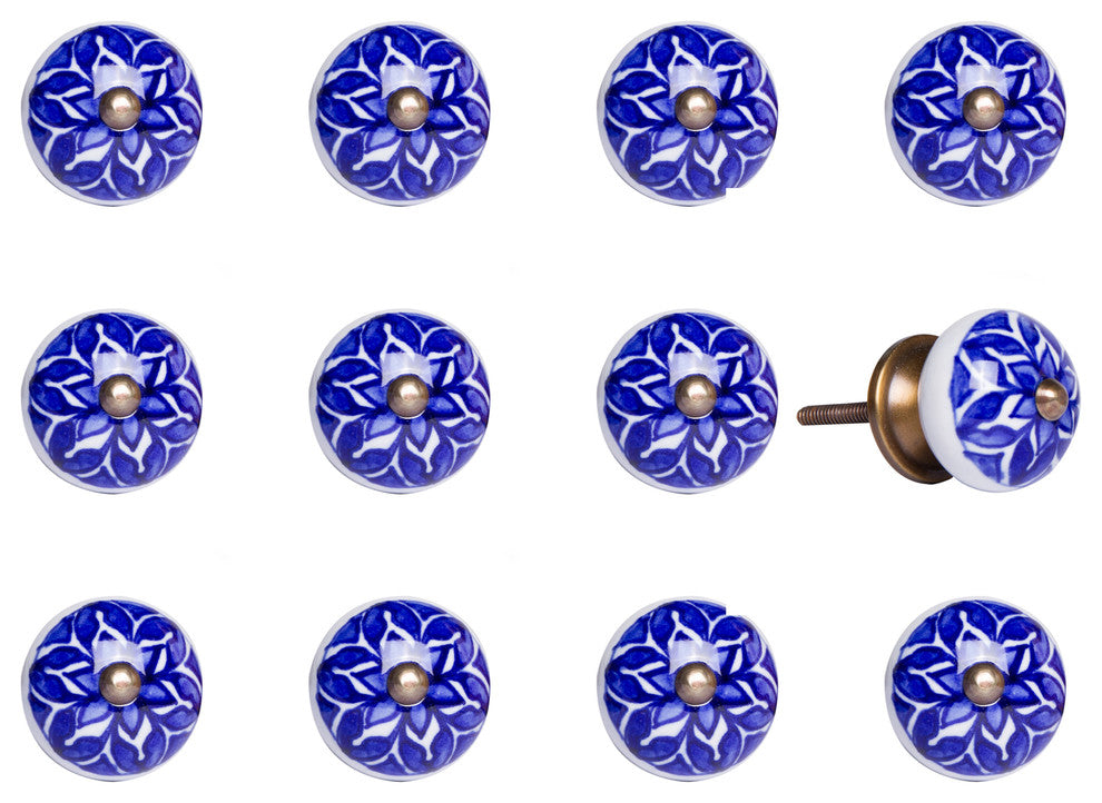 Knob-It Vintage Handpainted Ceramic Knobs, Set of 12, Blue and White