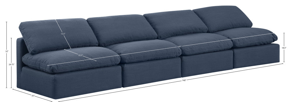Indulge Upholstered Modular Sofa, Navy, 4-Piece: 4 Armless Chair, Down Stuffed Linen Textured Fabric