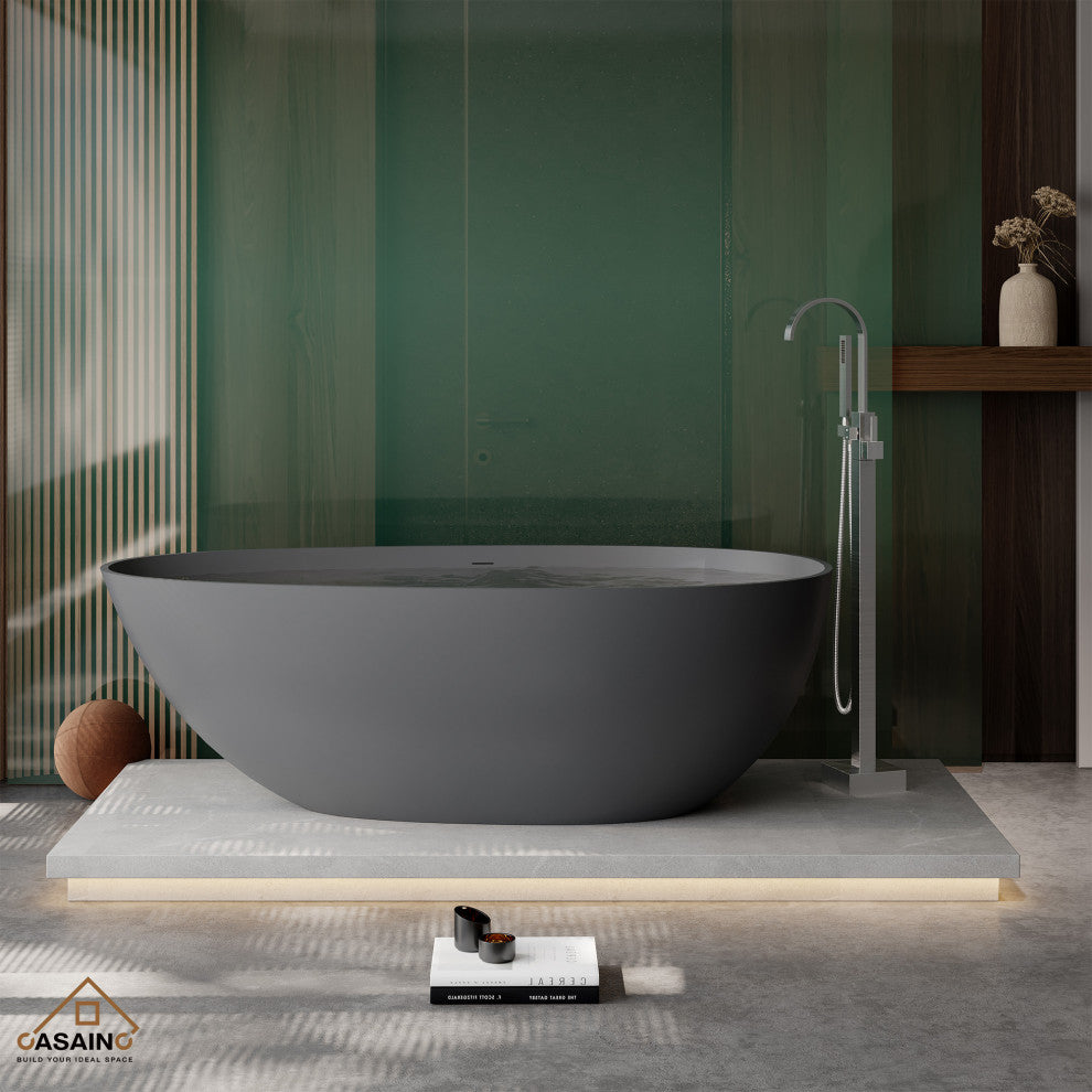 67in Solid Surface Freestanding Bathtub in Matte Black, Matte Grey