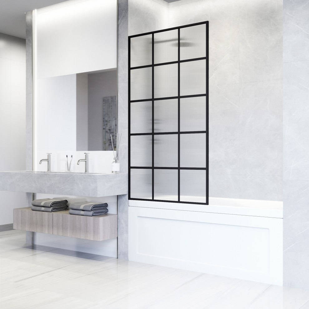 VIGO Mosaic Framed Fixed, Matte Black, Tub Screen, 34" W X 62" H, Fluted Glass