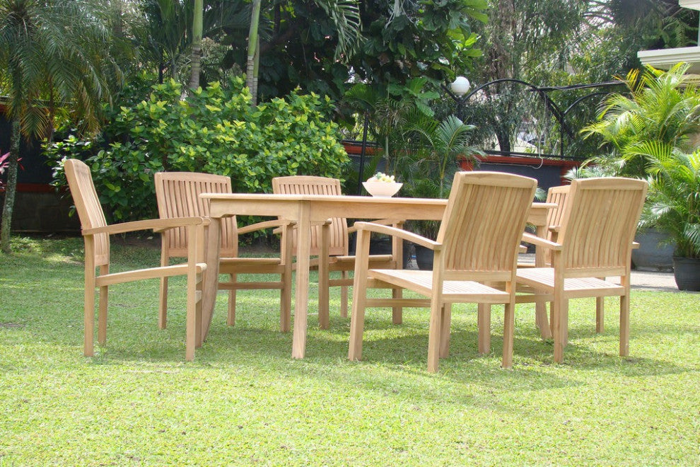 7-Piece Outdoor Teak Dining Set: 83" Rectangle Table, 6 Wave Stacking Arm Chairs