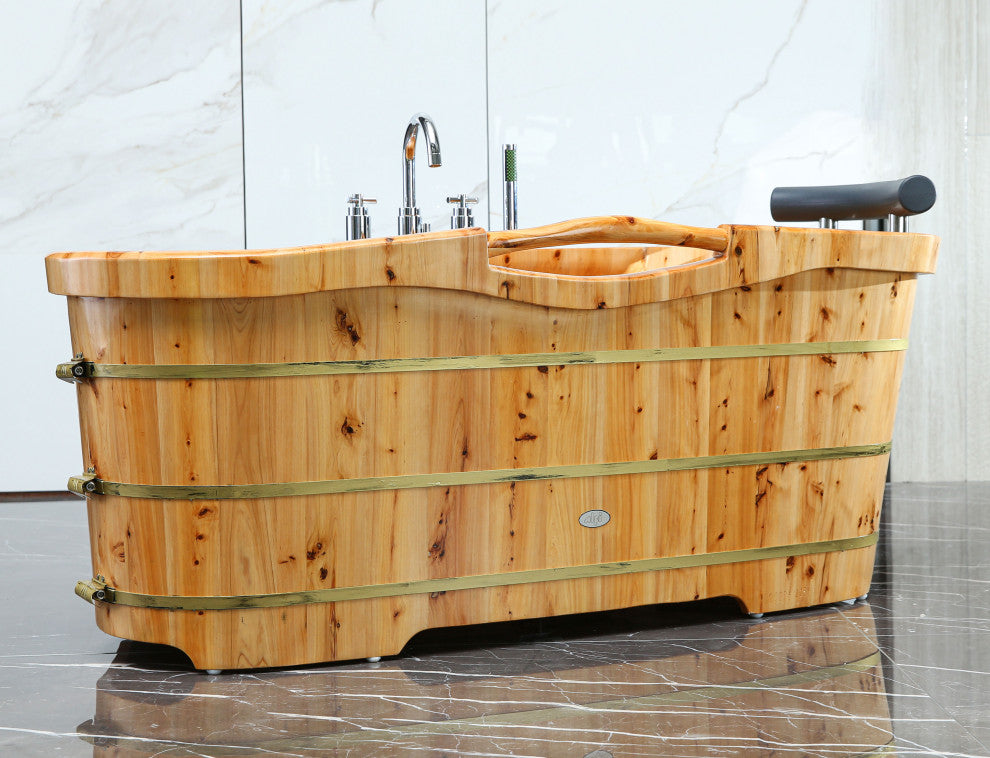 61" Free Standing Cedar Wood Bath Tub With Chrome Tub Filler
