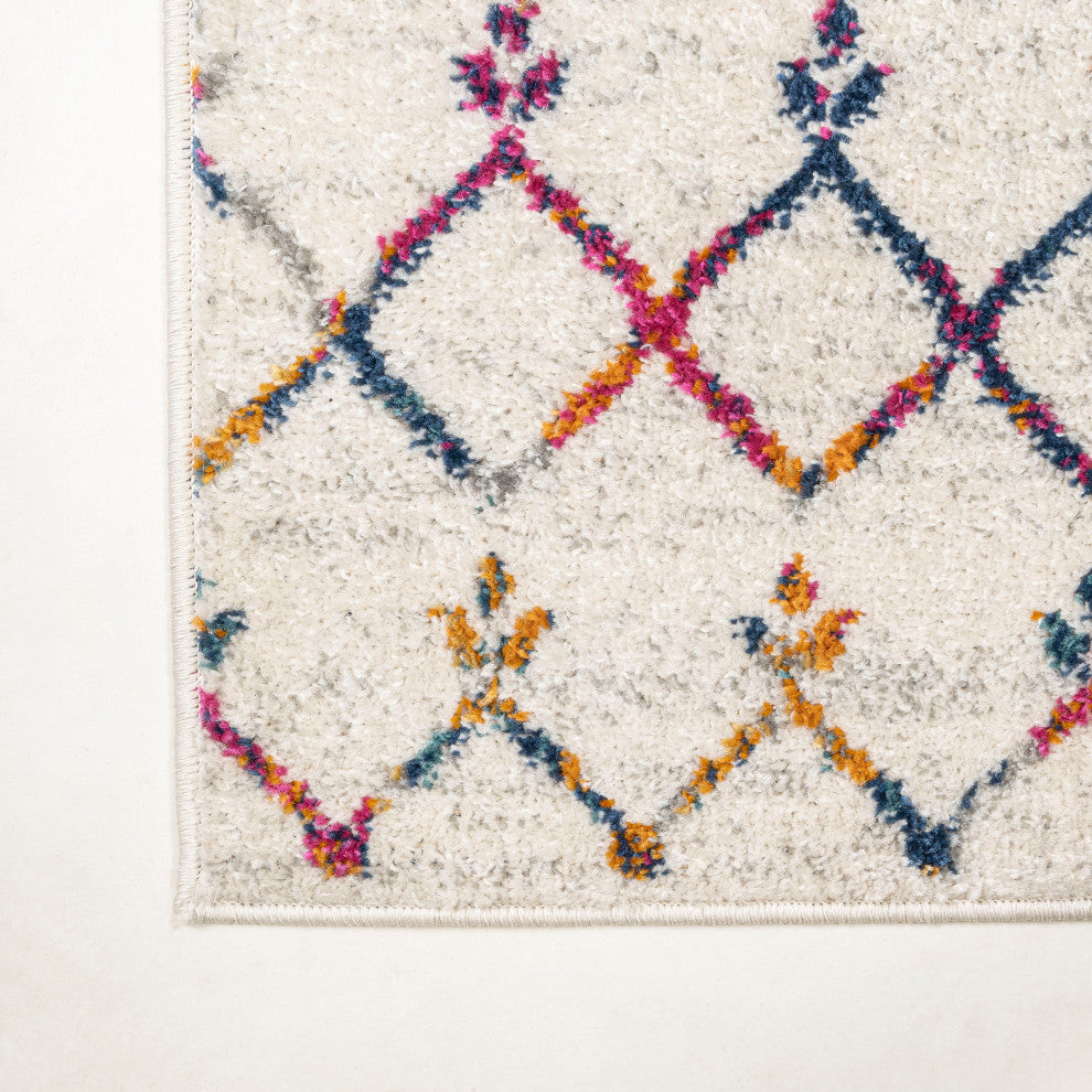 Moroccan HYPE Boho Vintage Diamond Runner Rug, Cream/Multi, 8 X 10