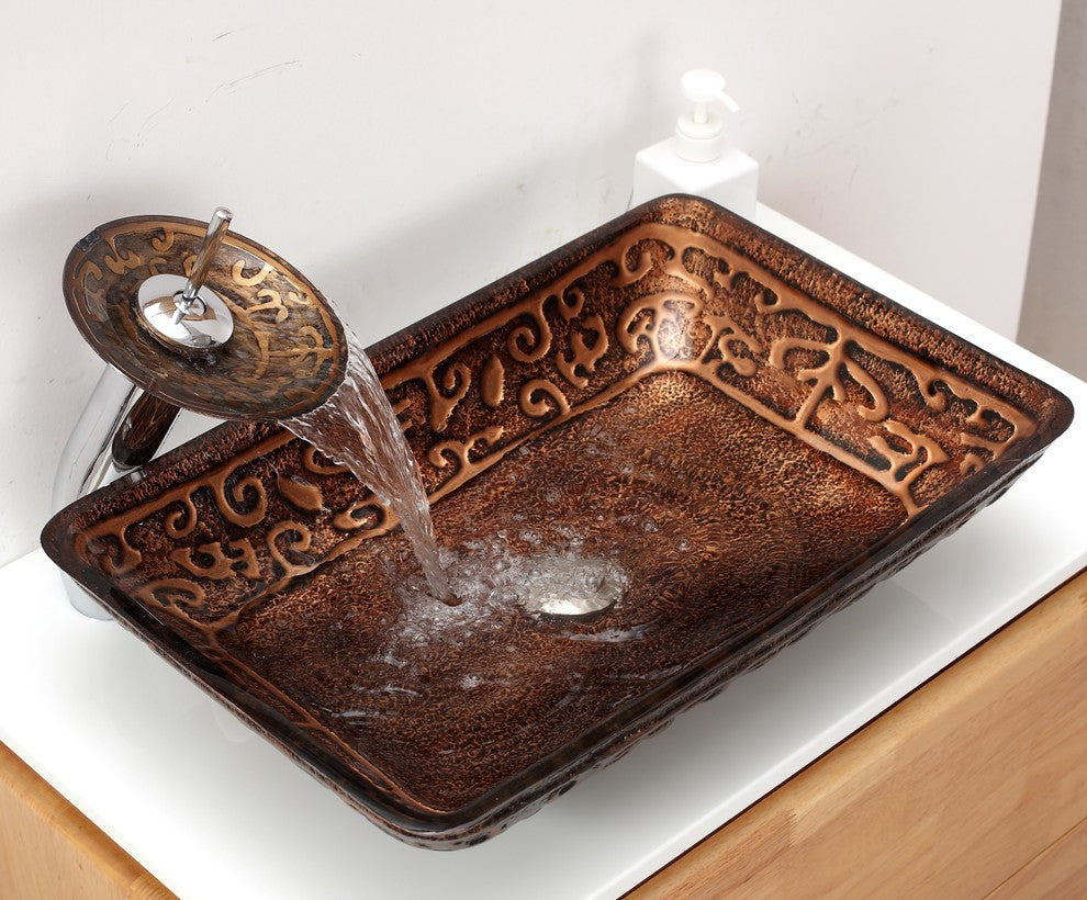 Glass Rectangular Vessel Bathroom Sink With Faucet