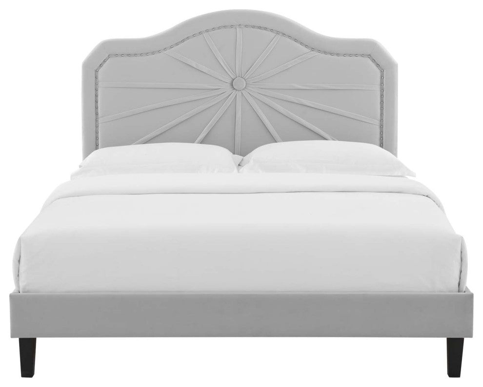 Platform Bed Frame, King Size, Velvet, Light Gray, Modern Contemporary