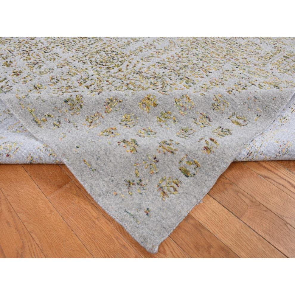 Silk Gray, Broken Mamluk Design, Hand Loomed, Wool and Silk Rug, 9'10"x14'