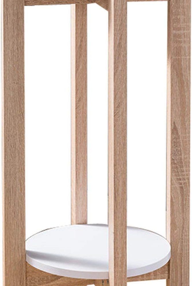 Benzara BM148923 2 Round Shelves Natural Wood Plant Stand, Light Brown & White