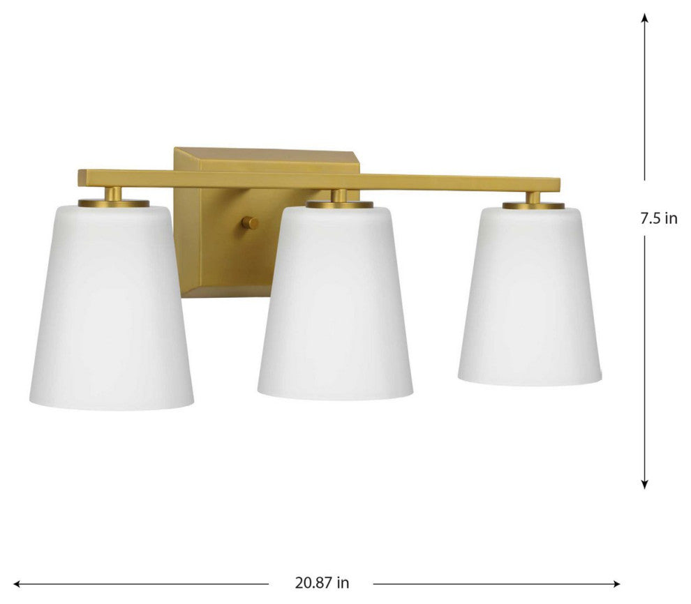 Vertex Collection Three-Light Brushed Gold Etched White Glass Bath Light