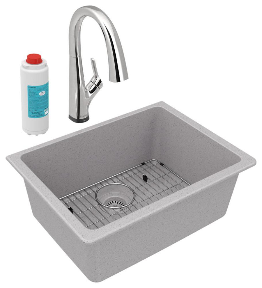 Quartz Classic 25" Undermount Sink Kit With Filtered Faucet, Greystone