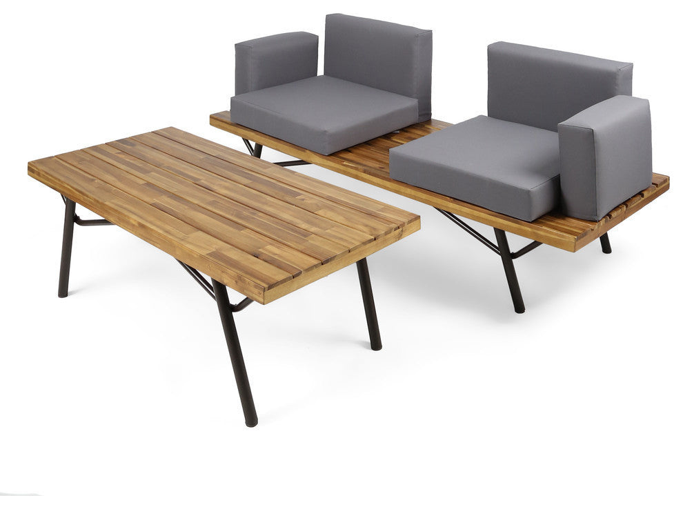GDF Studio Nora Outdoor Acacia Wood Chat Set, Teak Finish/Dark Gray
