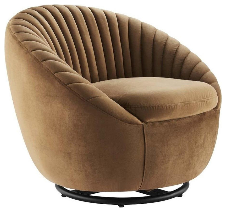 Whirr Tufted Performance Velvet Performance Velvet Swivel Chair, Black Cognac