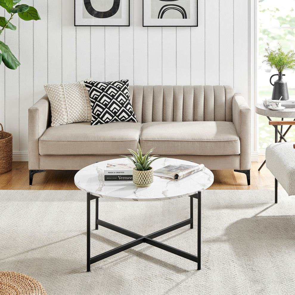Round Contemporary Marble Finish Veneer Top Black Coffee Table, White/Black
