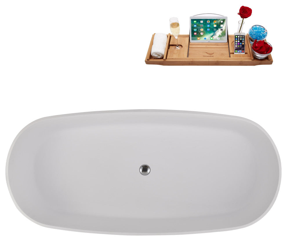 67" Streamline NS5800CH Matte White Stone Resin Bathtub, Tray With Chrome Drain