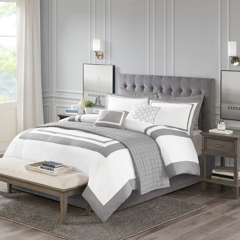 Madison Park Heritage 8 Piece Comforter and Quilt Set Collection, Grey