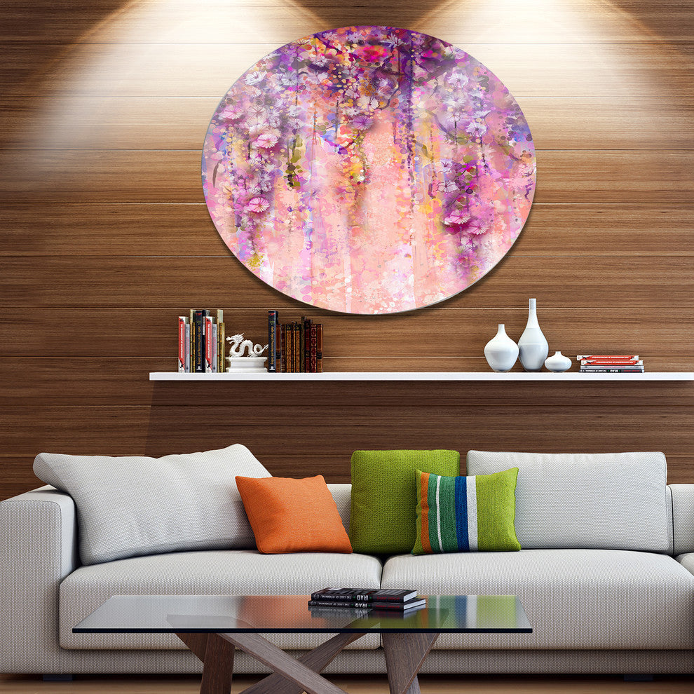 Pink And Violet Flowers Watercolor, Floral Disc Metal Wall Art, 23"