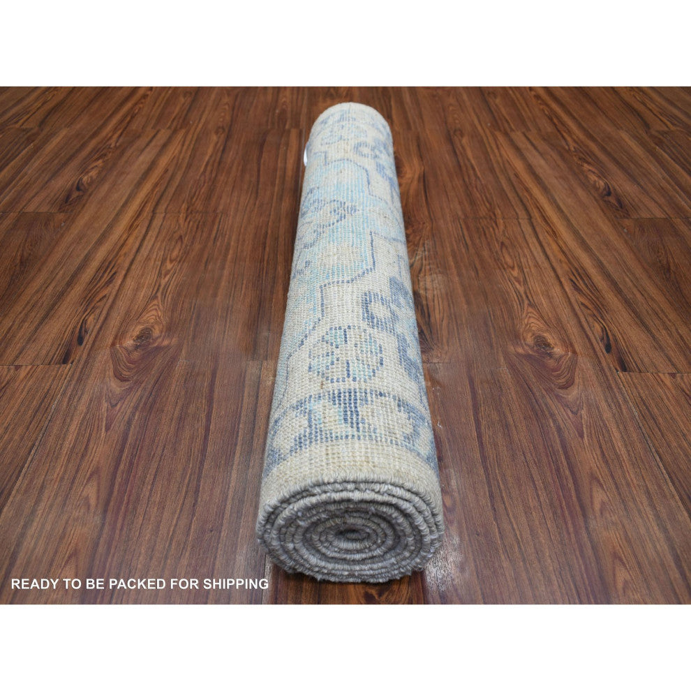Gray Hand Knotted Afghan Angora Oushak Wool Wide Runner Rug, 4'0" x 11'9"