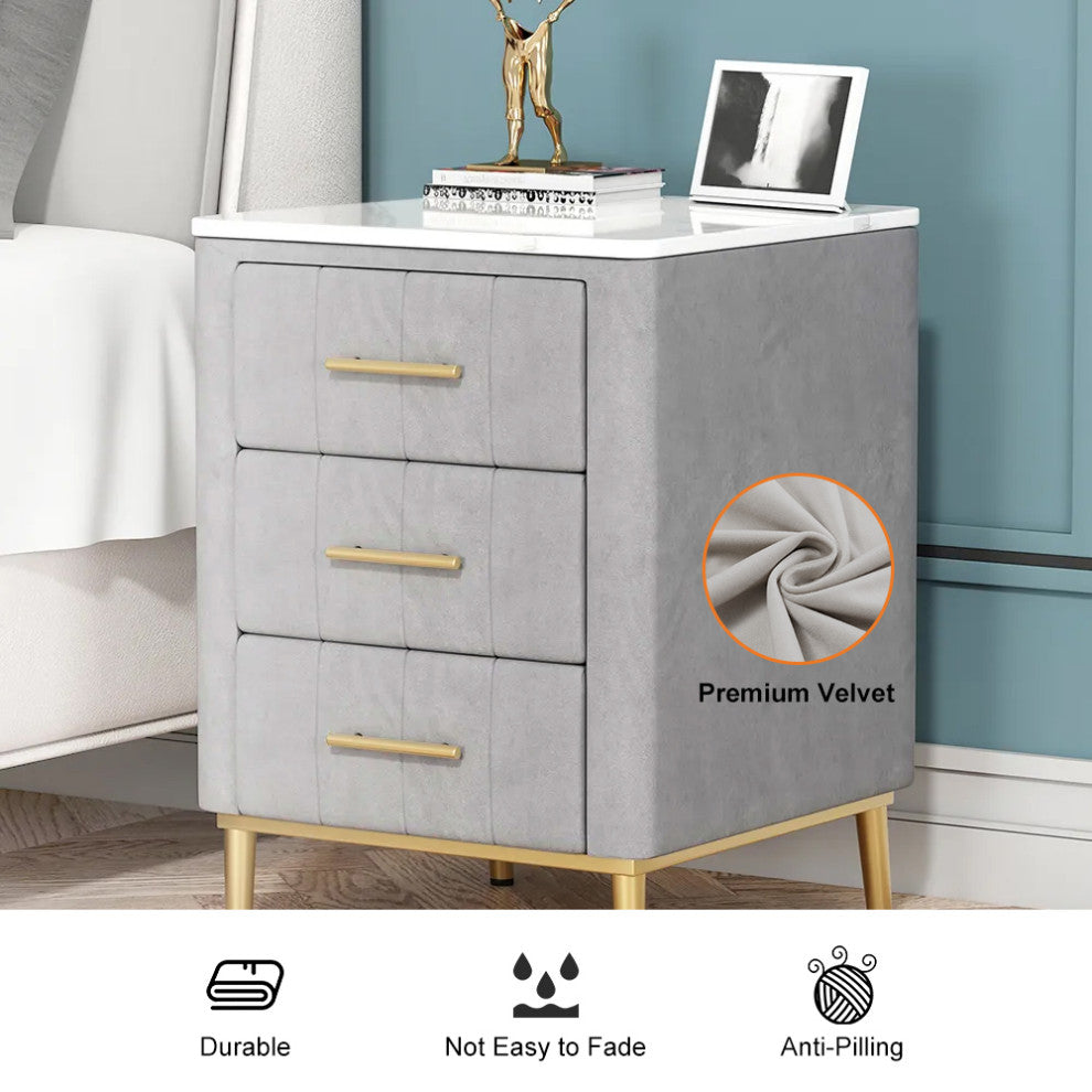 Modern Nightstand Gray Velvet Upholstered Bedside Table 3 Drawers With Stone Top