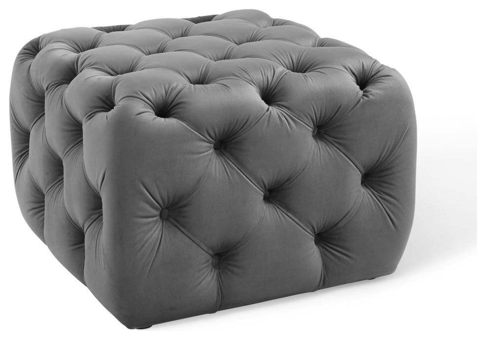 Anthem Tufted Button Square Performance Velvet Ottoman Gray