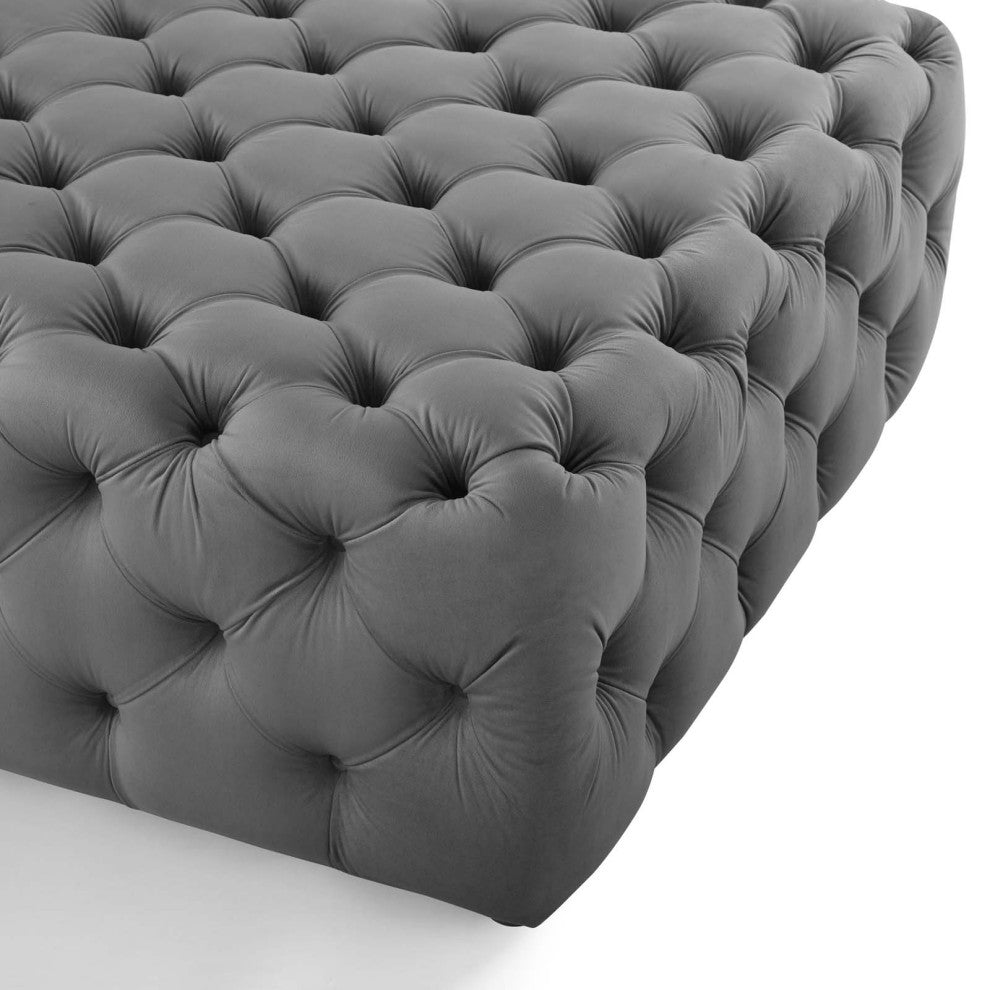 Tufted Accent Chair Ottoman, Square, Velvet, Gray, Modern, Lounge