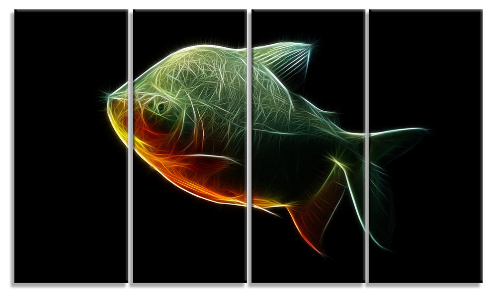 Fractal Pacu Fish on Black, Large Animal Canvas Artwork, 48"x28", 4 Panels