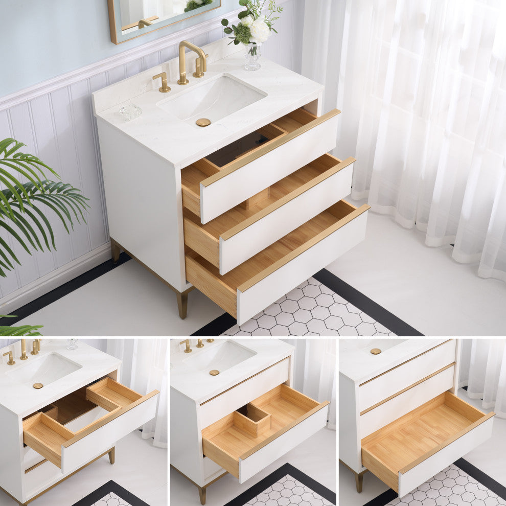 Nolan Freestanding Bathroom Vanity with Quartz Top, White, 36"