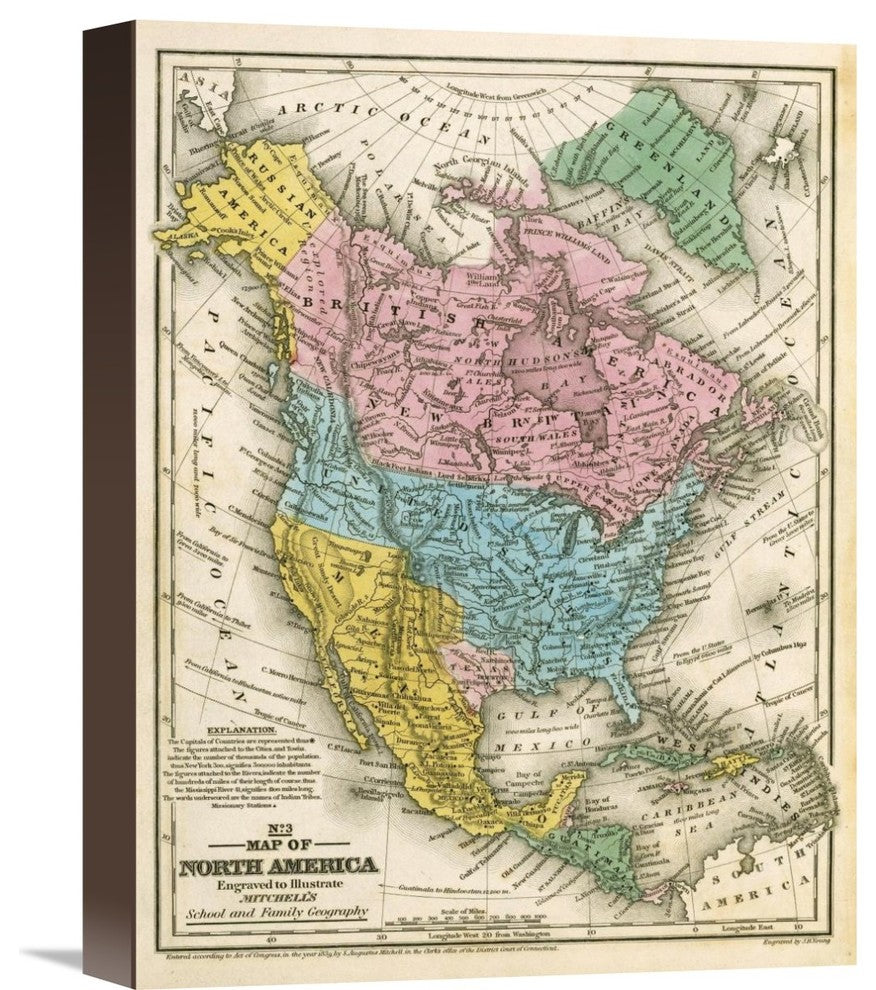 "Map of North America, 1839" Canvas Giclee by Samuel Augustus Mitchell, 12"x16"